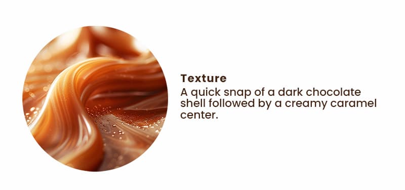 Texture: A quick snap of a dark chocolate shell followed by a creamy caramel center.