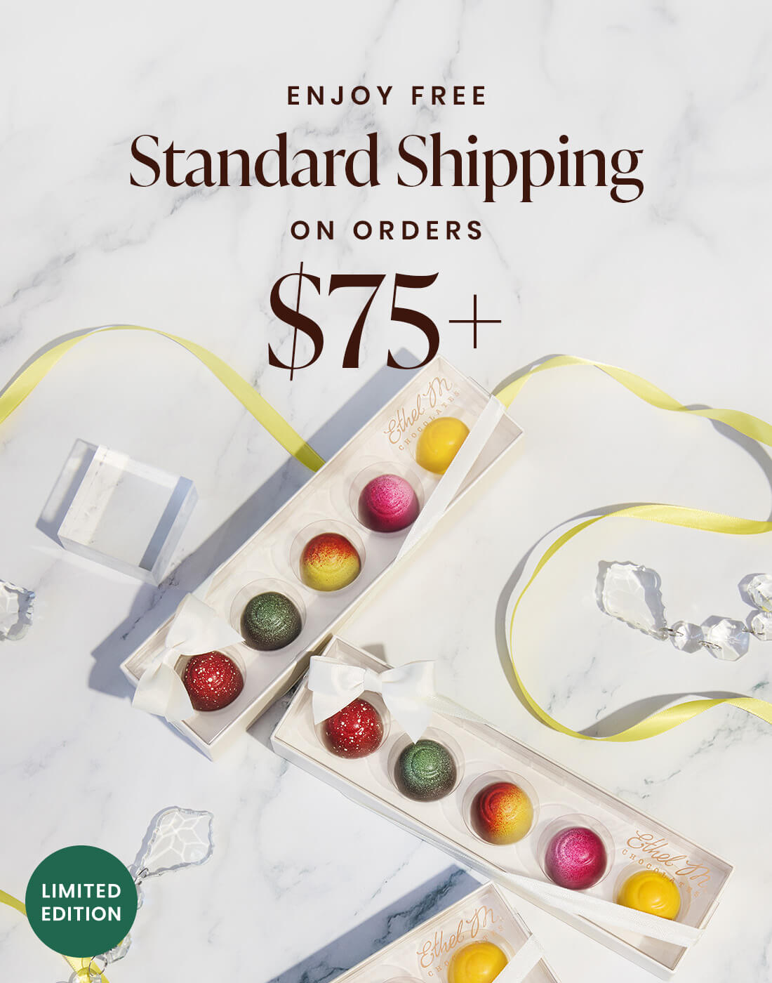 "Enjoy Free Standard Shipping on Orders $75+" over image of the Ethel M Chocolates Fruit Fusion Sampler