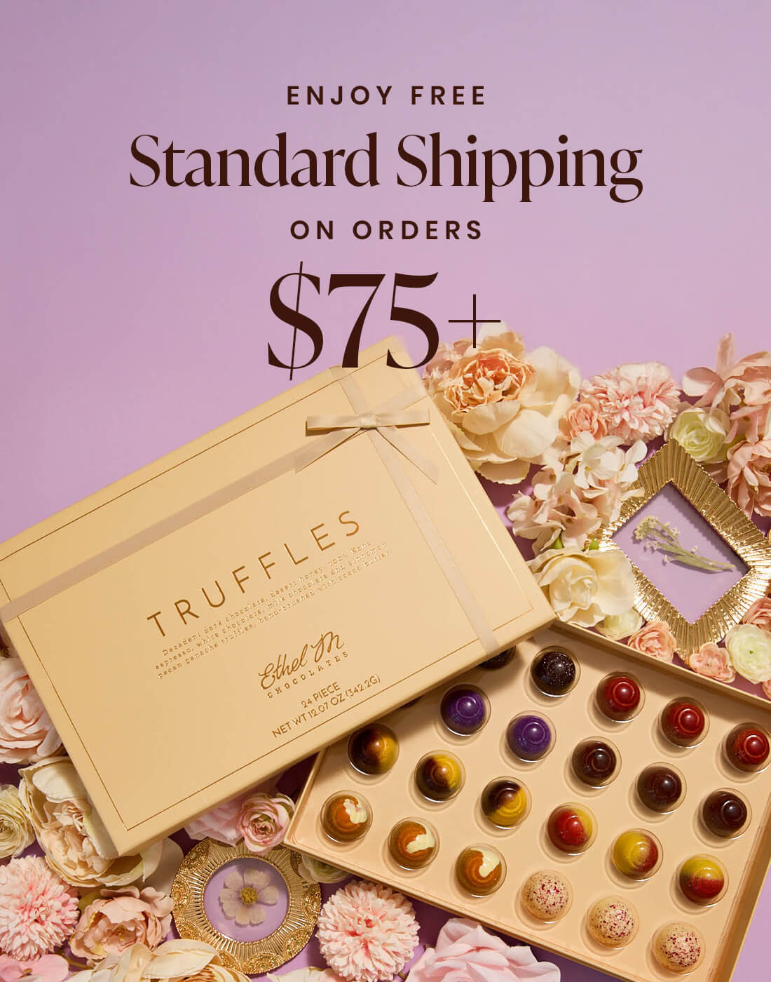 "Enjoy Free Standard Shipping on Orders $75+" over image of Ethel M Chocolates Truffle Collection