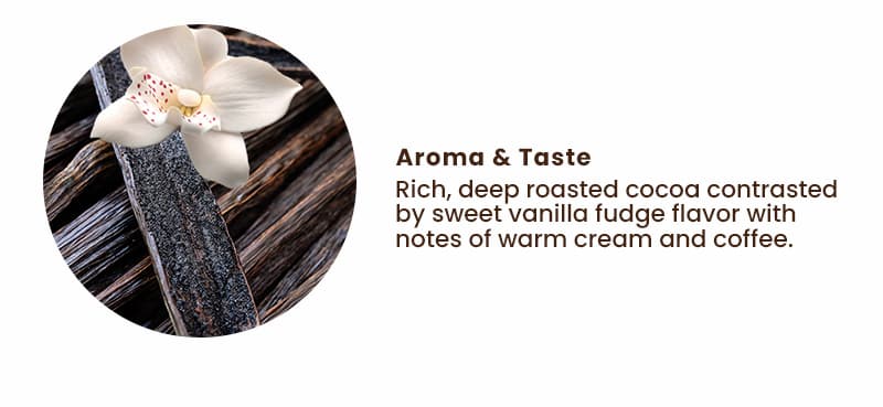 Aroma & Taste: Rich, deep roasted cocoa contrasted by sweet vanilla fudge flavor with notes of warm cream and coffee.