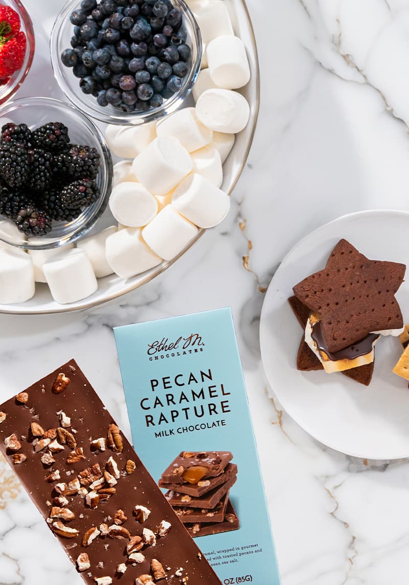 Ethel M Chocolates Pecan Caramel Rapture Bar next to a bowl of fruit and marshmallows, as well as a plate with a s'more.