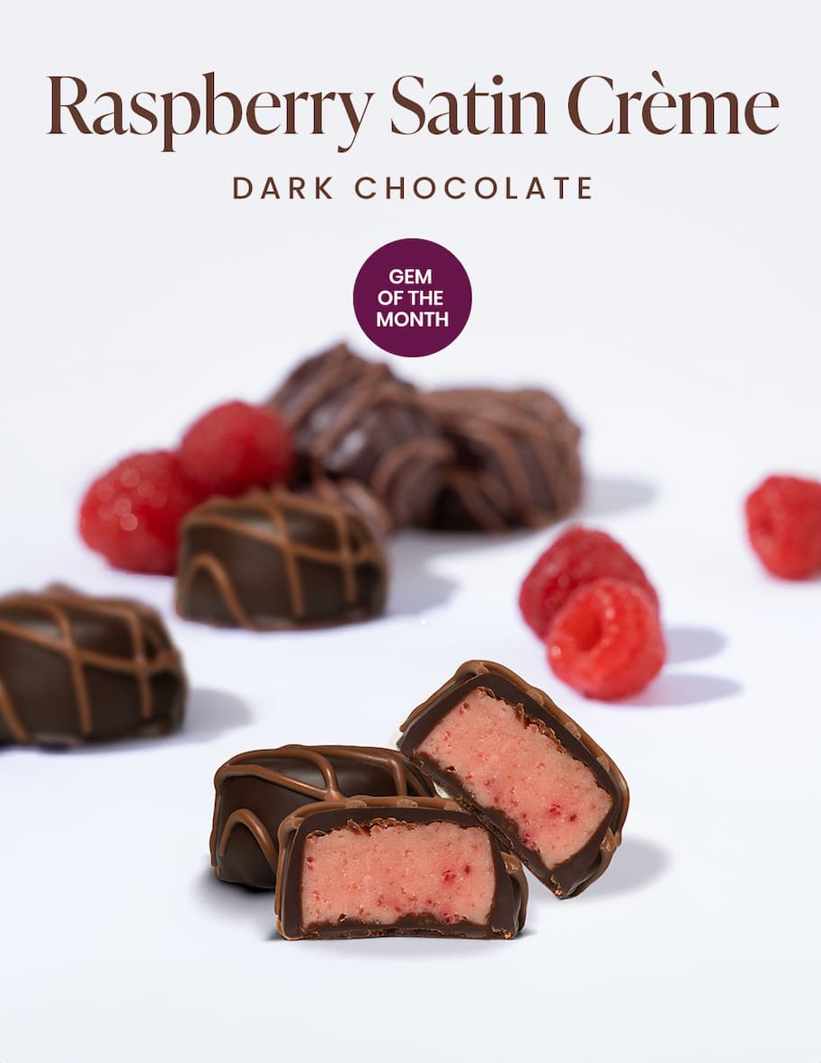 Discover our Raspberry Satin Creme Dark Chocolate gem of the month!