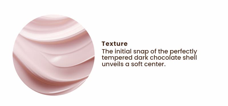 Texture: The initial snap of the perfectly tempered dark chocolate shell unveils a soft center.