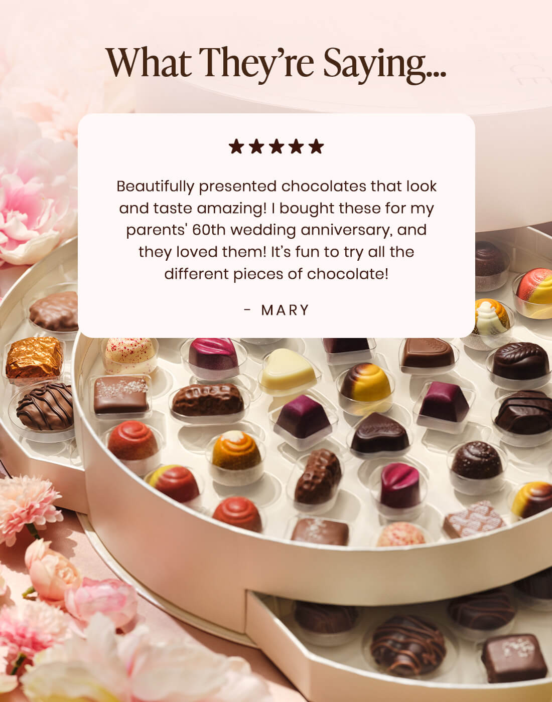 Beautifully presented chocolates that look and taste amazing! I bought these for my parents' 60th wedding anniversary, and they loved them! It’s fun to try all the different pieces of chocolate! -Mary