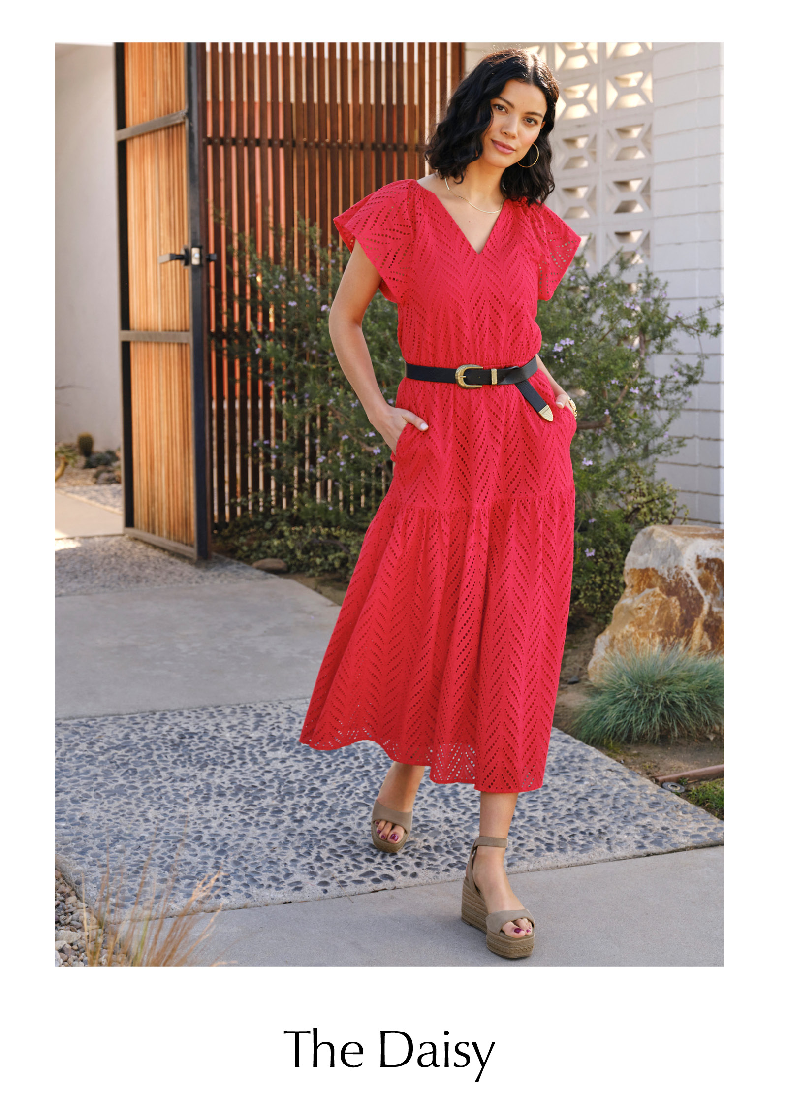 Image of woman in eyelet Daisy dress. 