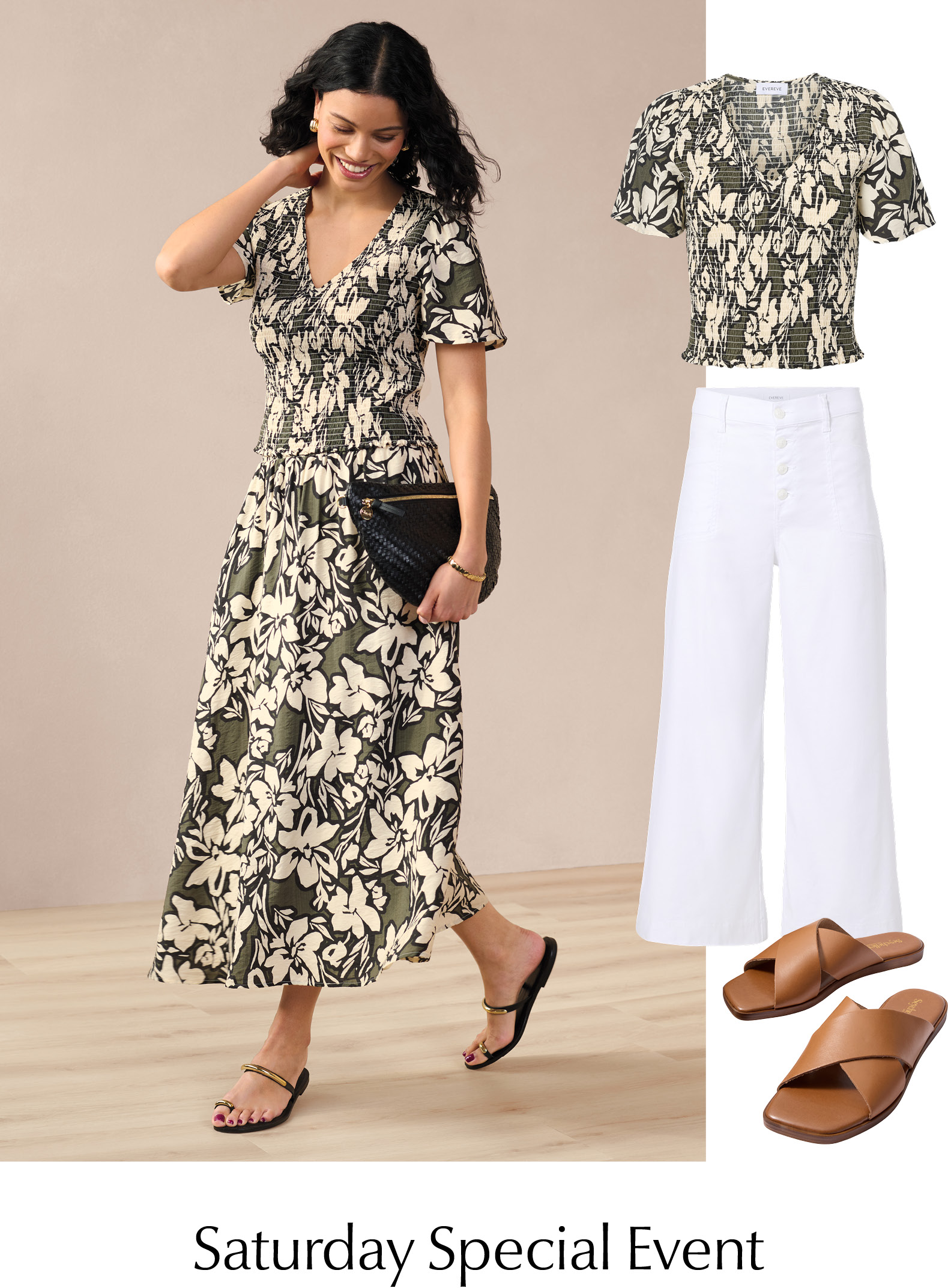 Saturday Special Event. Image of woman in floral skirt and top with alternate options.