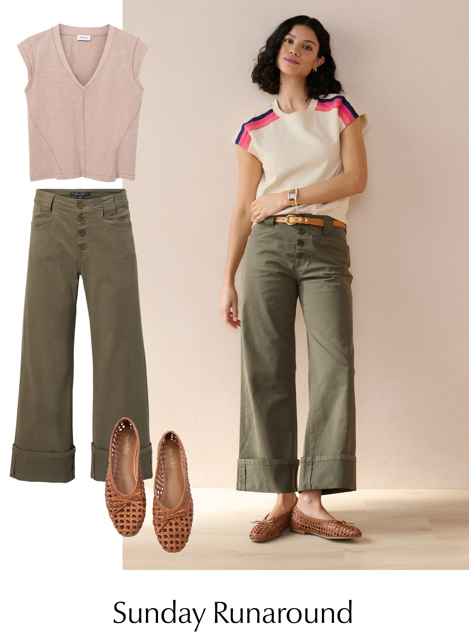Sunday Runaround. Image of woman in cuffed chino's and sleeveless top.