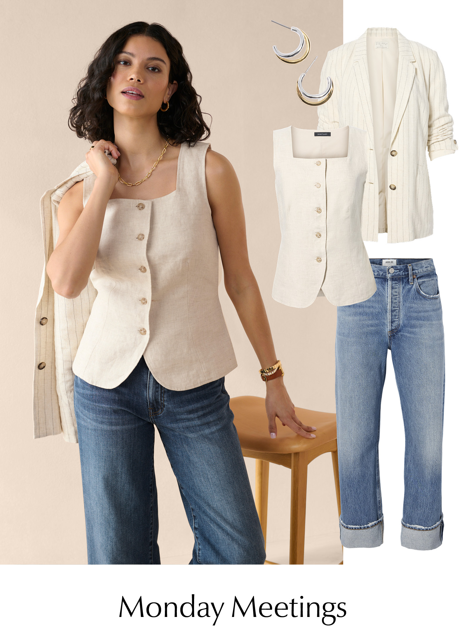 Monday Meetings. Image of woman in denim and linen vest and jacket.