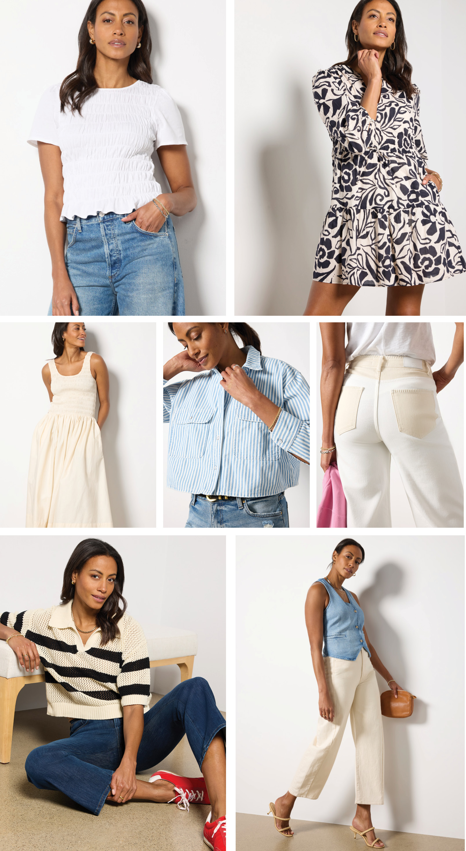 Grid of 7 images of woman in new arrival looks.