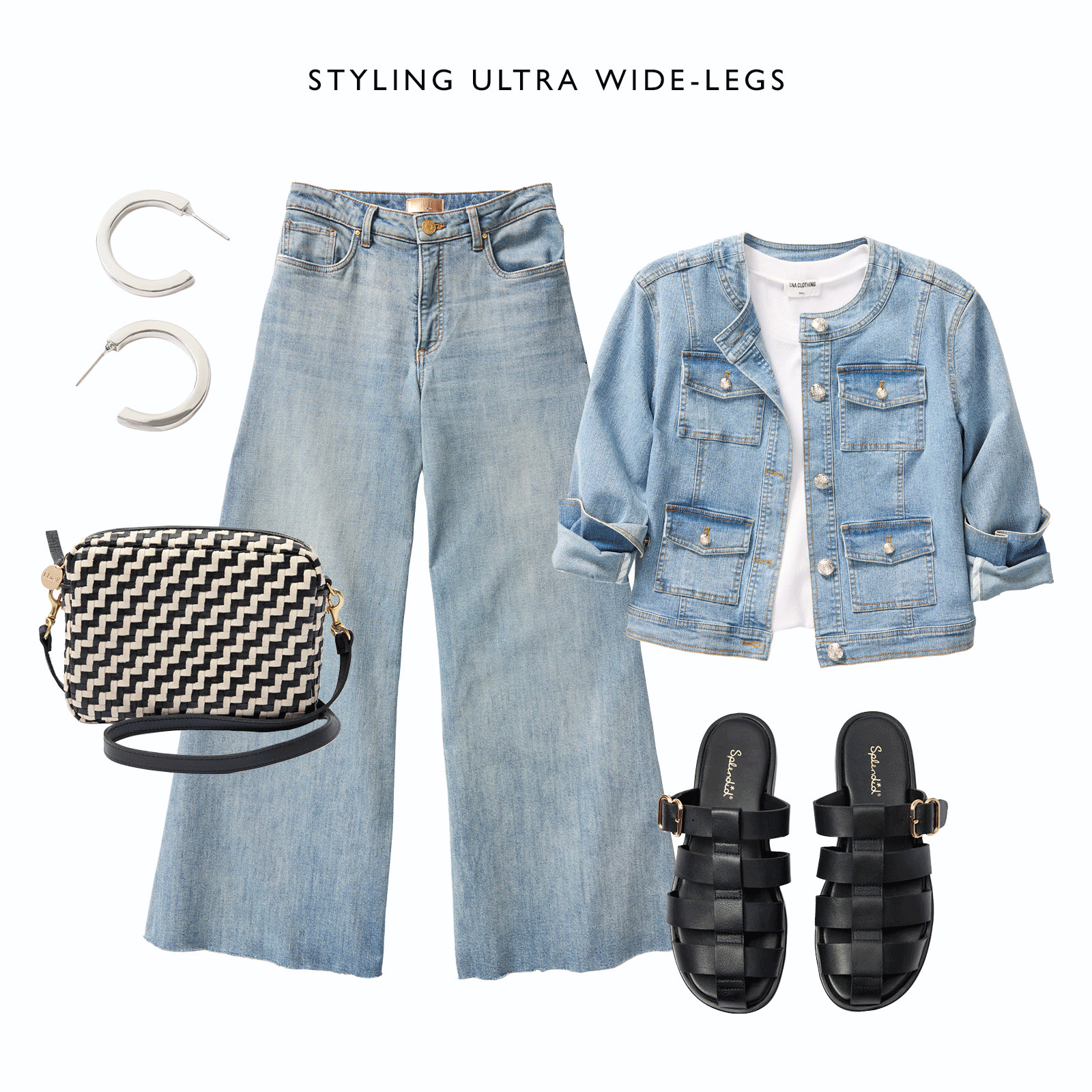 Styling Ultra Wide-Legs. Rotating image of different tops and accessories with ultra wide-leg jeans.