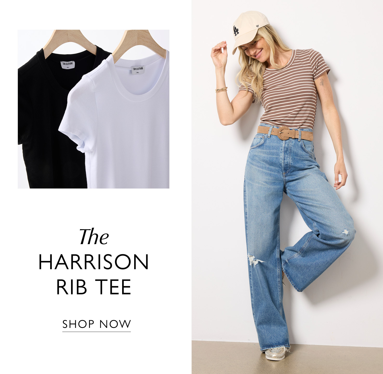 The Harrison Rib Tee. Image of woman in striped Harrison. SHOP NOW