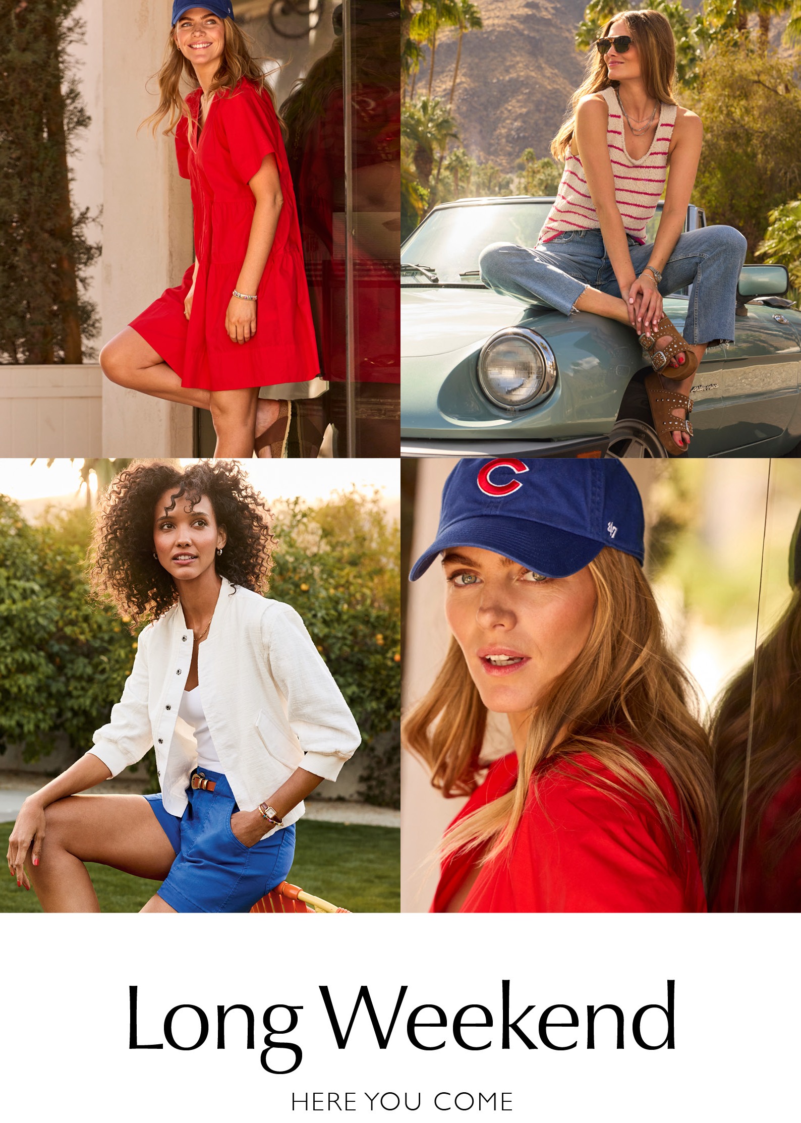 Long Weekend Here You Come. Images of 4 women in weekend looks. 