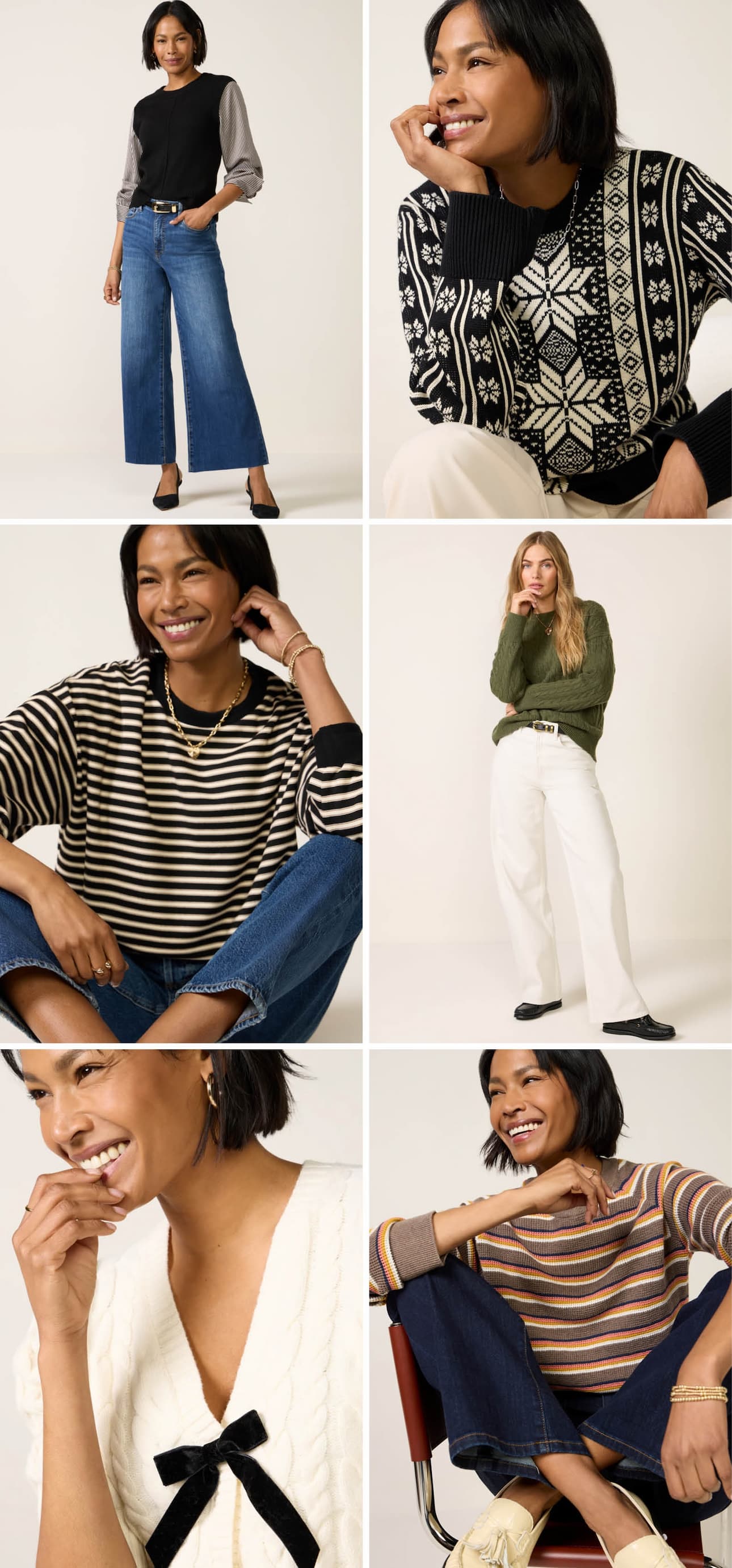 Grid of 6 images of models in new arrival looks.