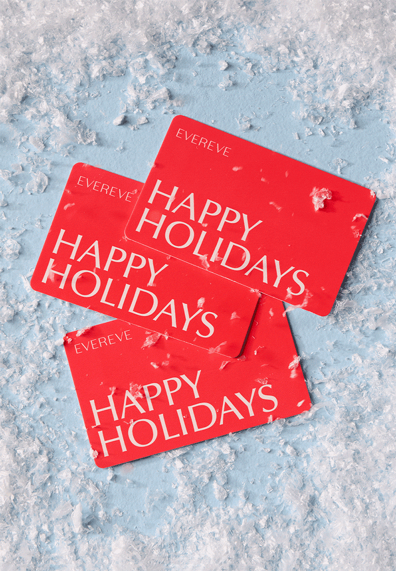 Animated image of EVEREVE gift cards and blowing snow.