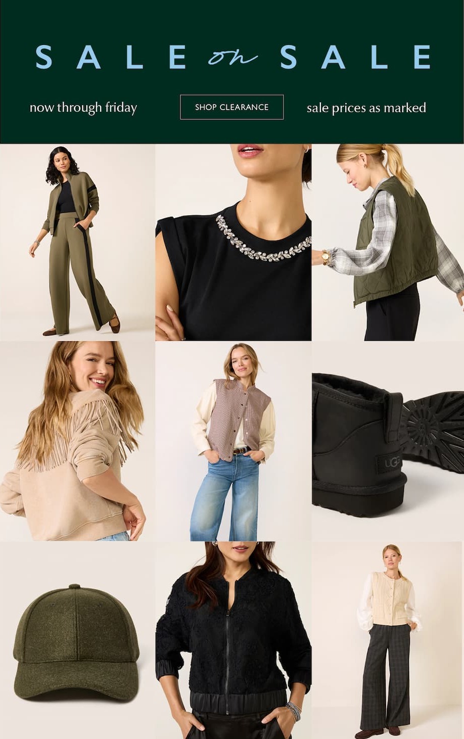 now through friday | sale prices as marked. Sale on sale. Grid of 9 images of clearance clothing. SHOP CLEARANCE