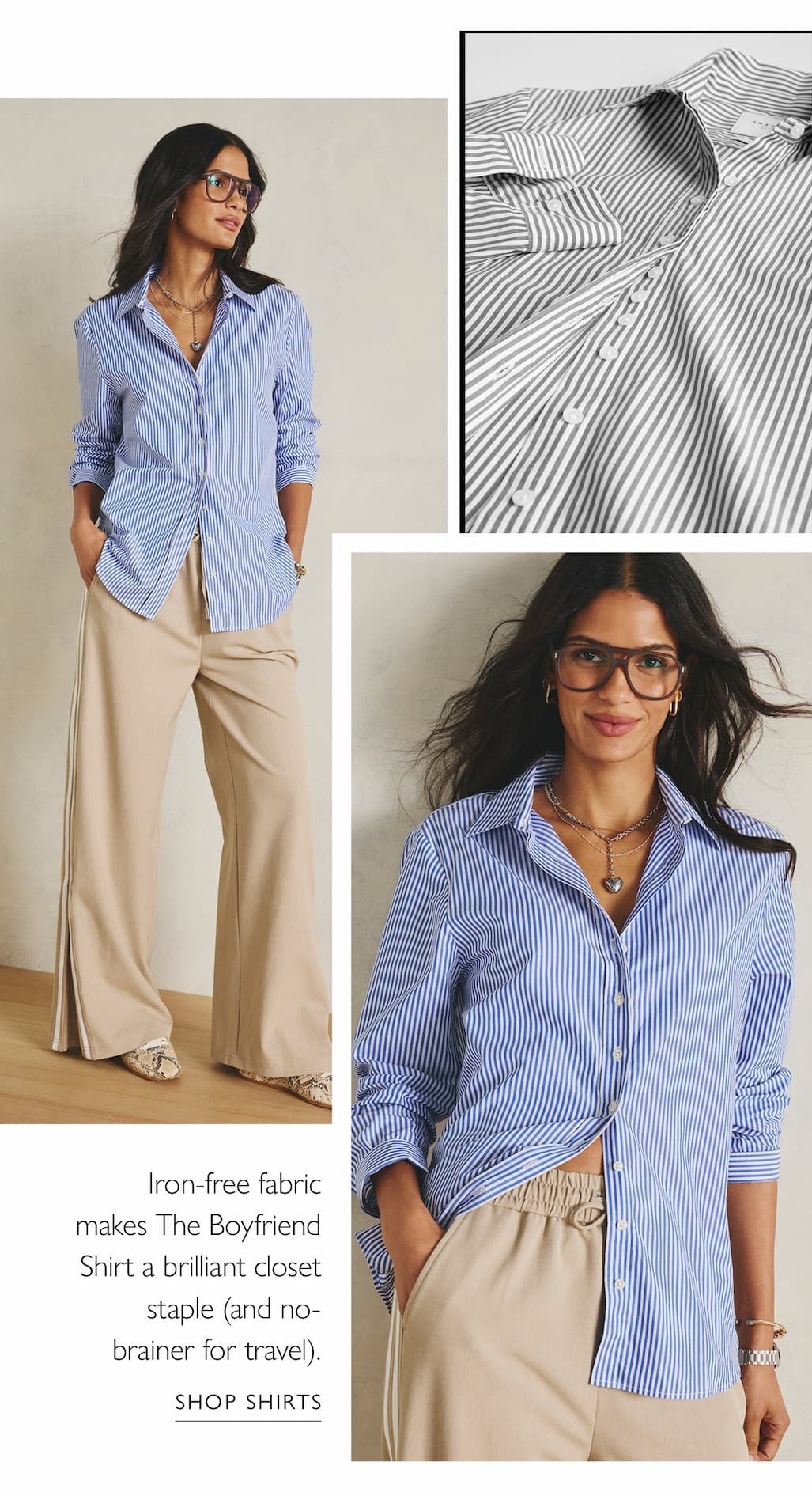 Iron-free fabric makes The Boyfriend Shirt a brilliant closet staple (and no-brainer for travel). Image of model in The Shirt. SHOP SHIRTS