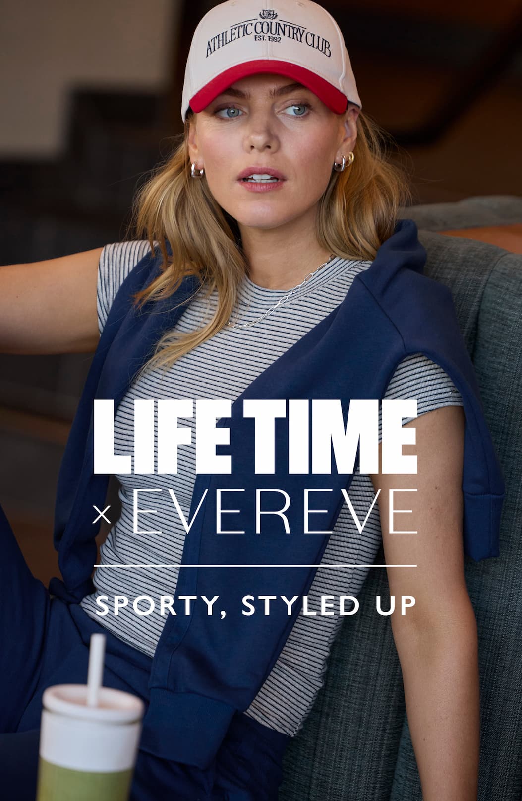 LIFETIME x EVEREVE Sporty, Styled Up. Image of woman in collab look.