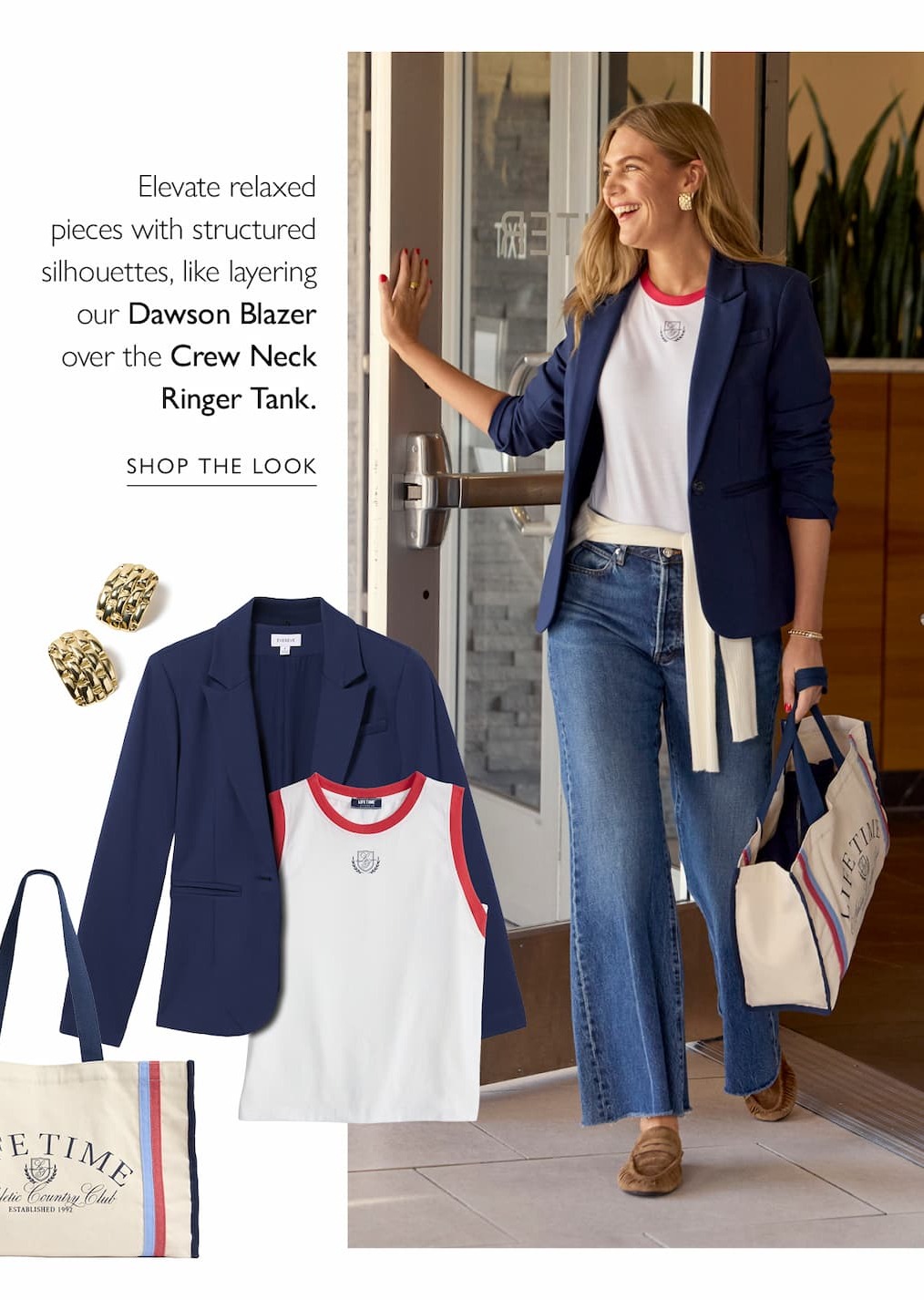 Elevate relaxed pieces with structured silhouettes, like layering our Dawson Blazer over the Crew Neck Ringer Tank. Model in elevated relaxed look. SHOP THE LOOK