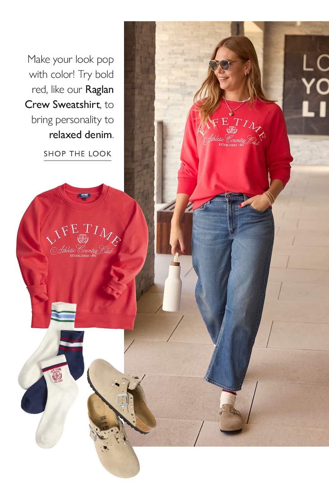 Make your look pop with color! Try bold red, like our Raglan Crew Sweatshirt, to bring personality to relaxed denim.  Image of model in LT collab crew sweatshirt and denim. SHOP THE LOOK