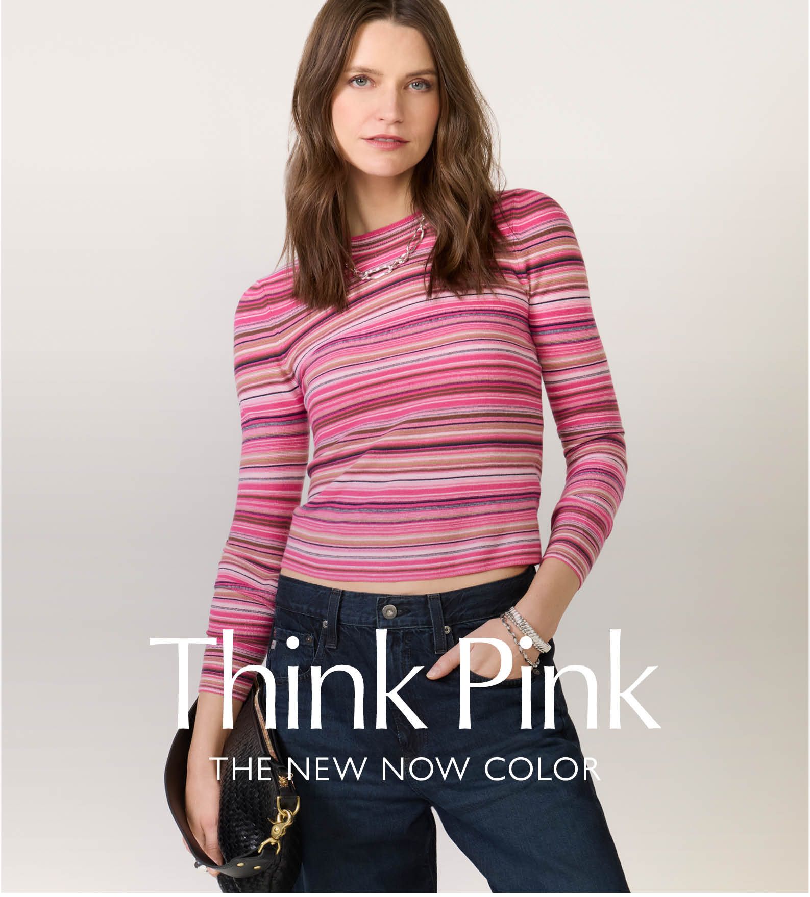 Think Pink: the new now color. Image of woman in new pink top.