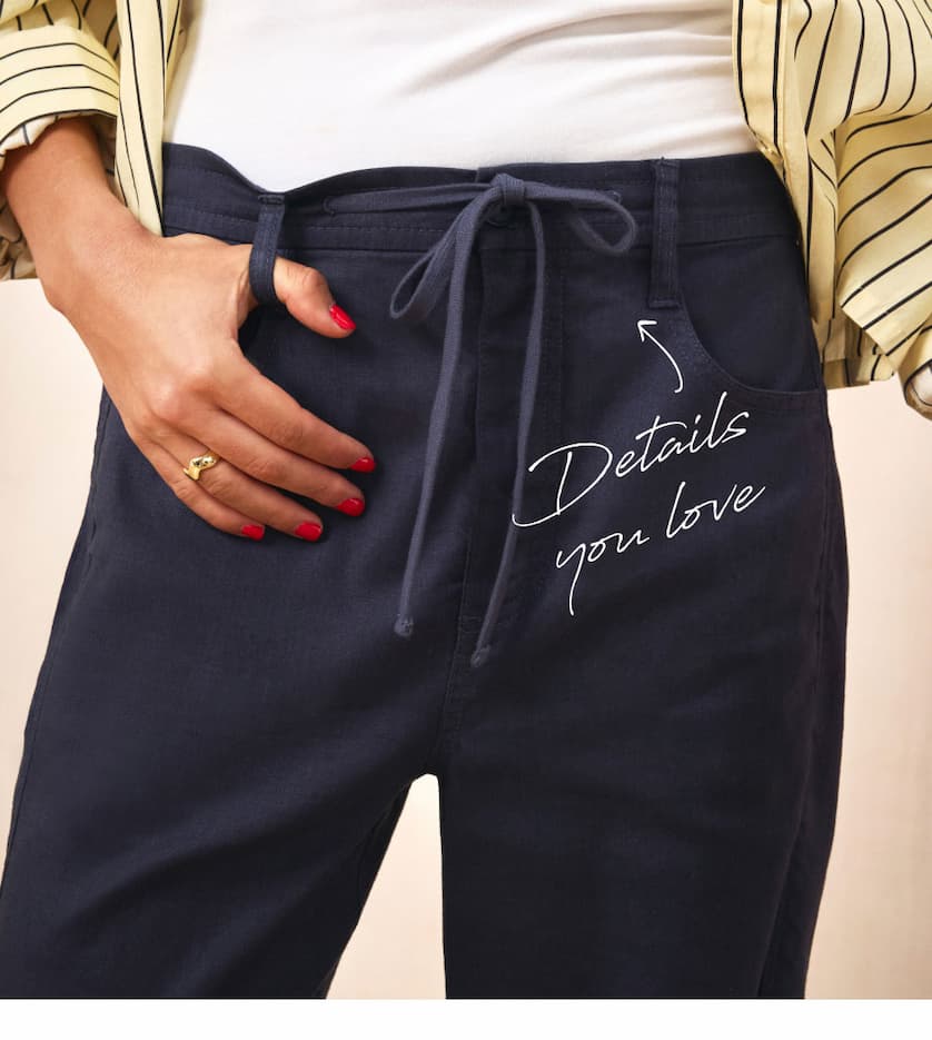 Details you love. Close up of drawstring pants