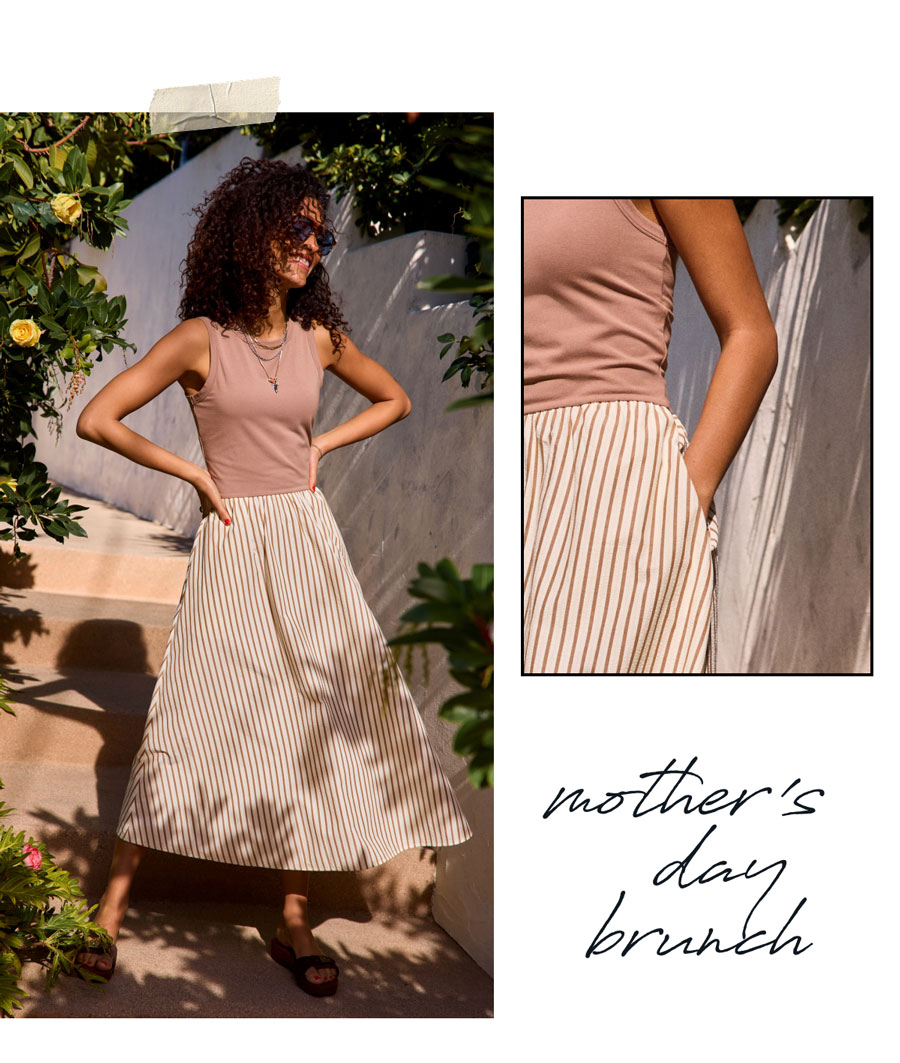 Mother's day brunch. Images of model in pocket dress. 
