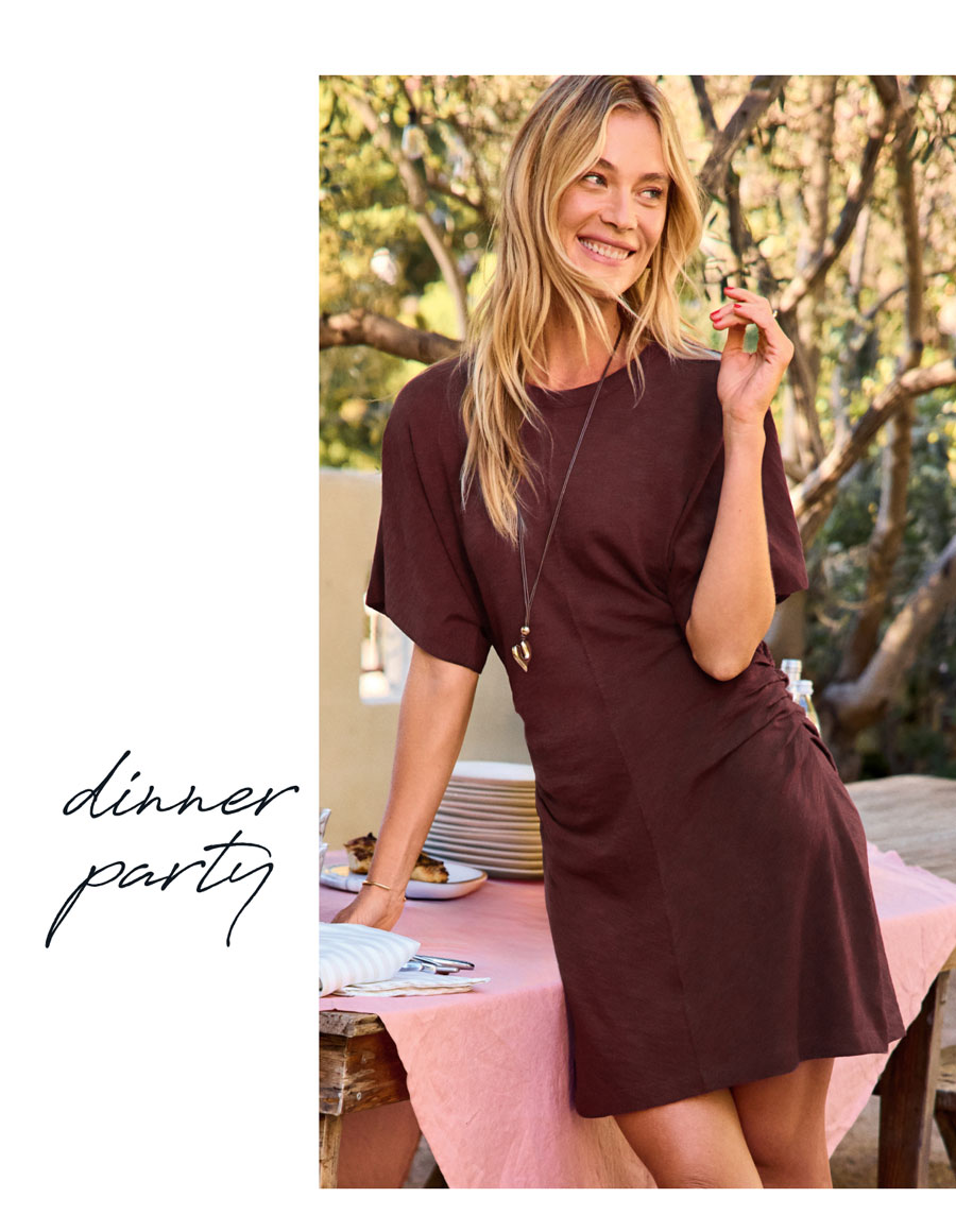 Dinner party. Image of model in party dress.