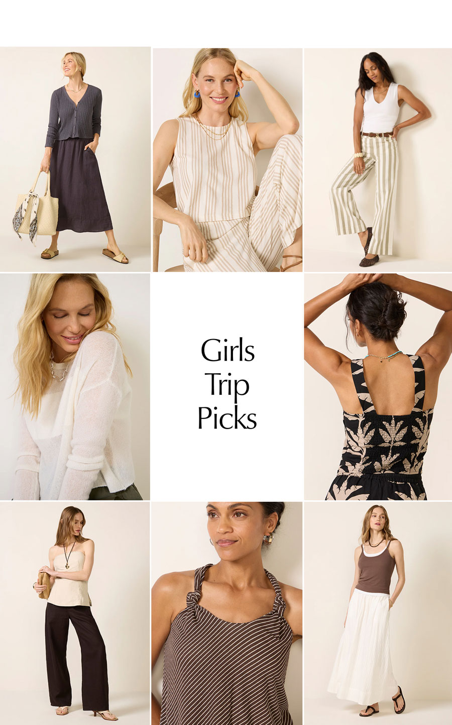 Grid of images of cute girl's trip tops. 