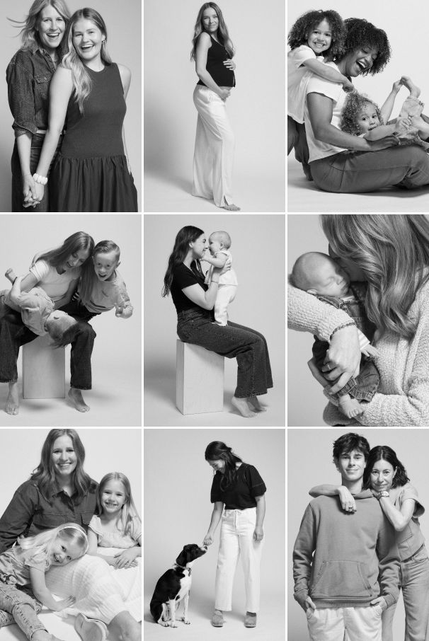 Grid of 9 images of mothers with children and pets.