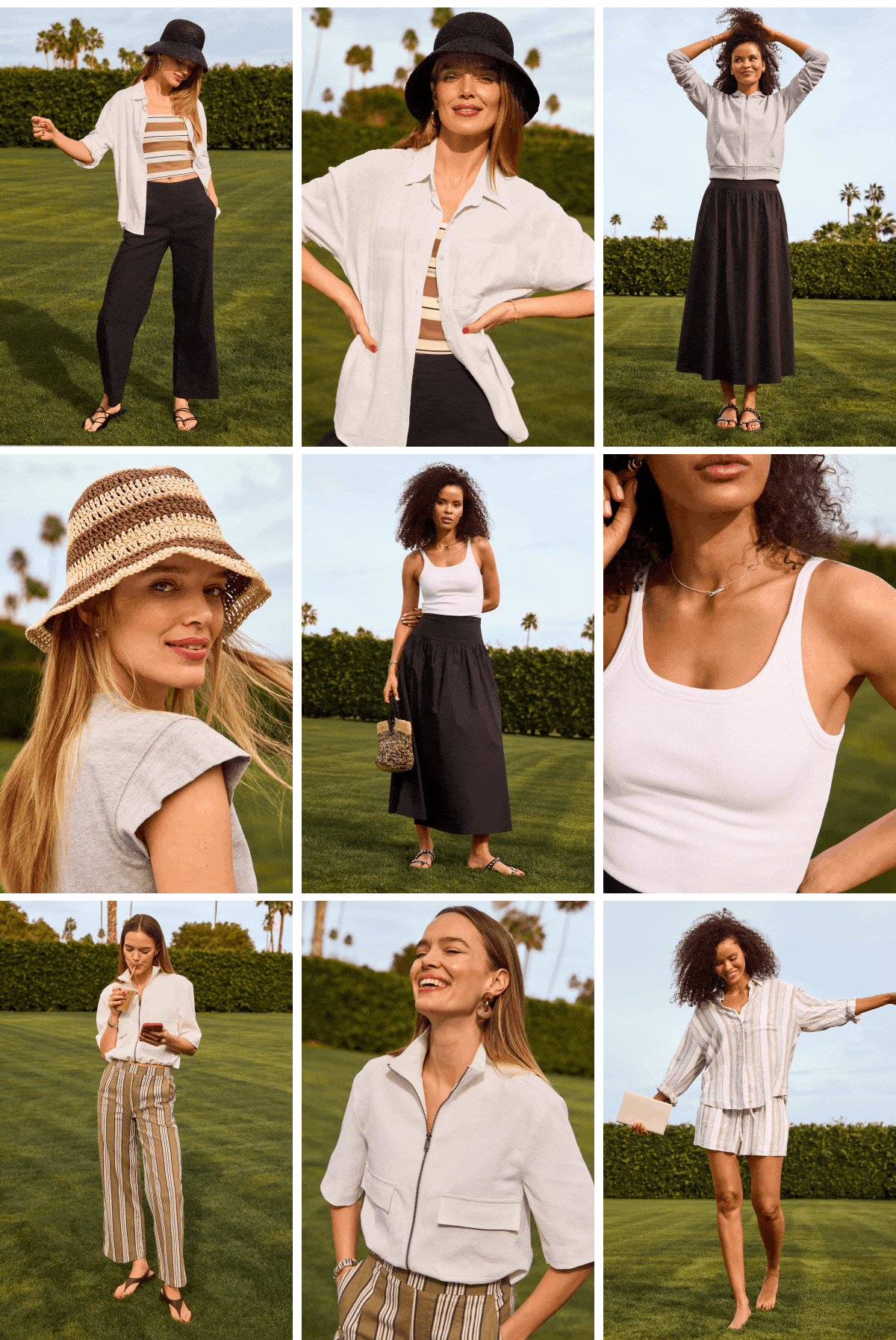 Animated grid of models in an open field wearing Everyday Icons.  SHOP NOW
