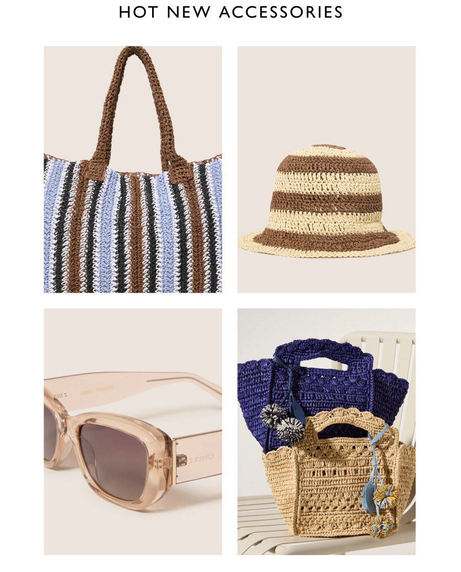 Hot New Accessories. Grid of summer accessories.
