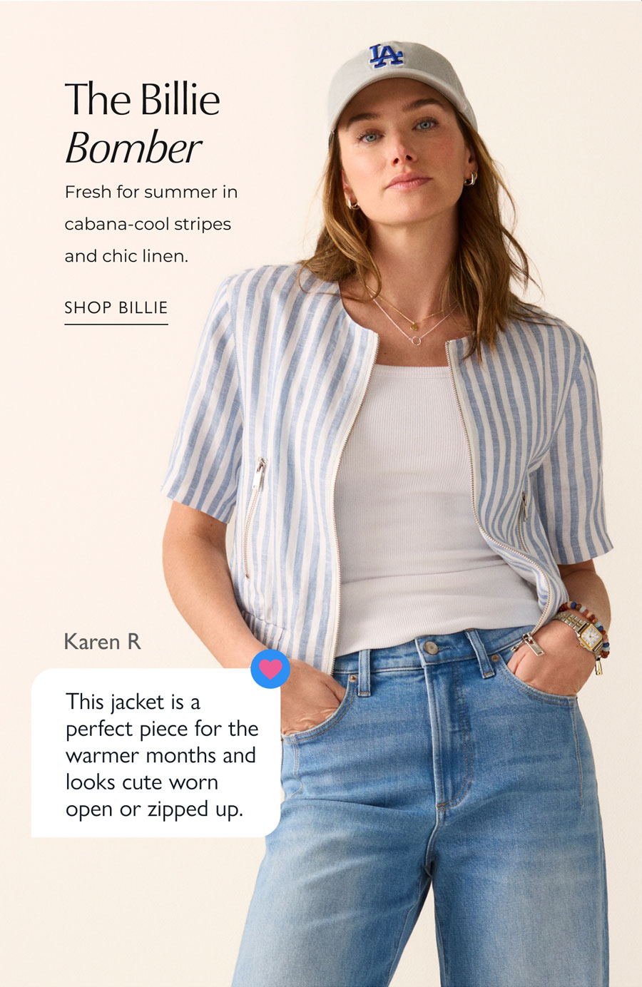 The Billie Bomber. Fresh for summer in cabana-cool stripes and chic linen. Image of model in striped Billie. aren R  This jacket is a perfect piece for the warmer months and looks cute worn open or zipped up. SHOP BILLIE 