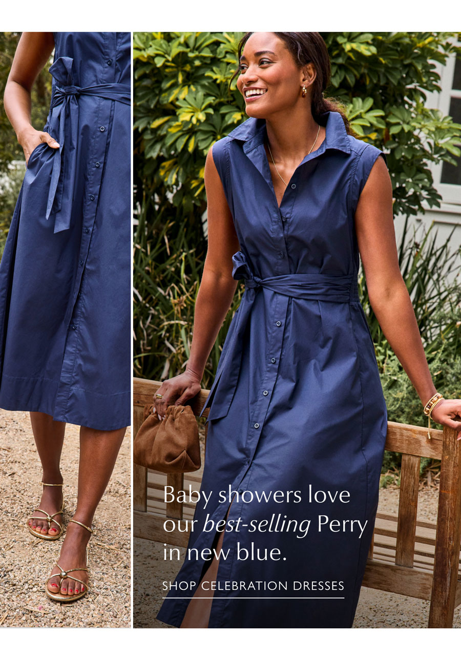 Baby showers love our best-selling Perry in new blue. Images of model in blue Perry dress from EVEREVE. SHOP CELEBRATION DRESSES