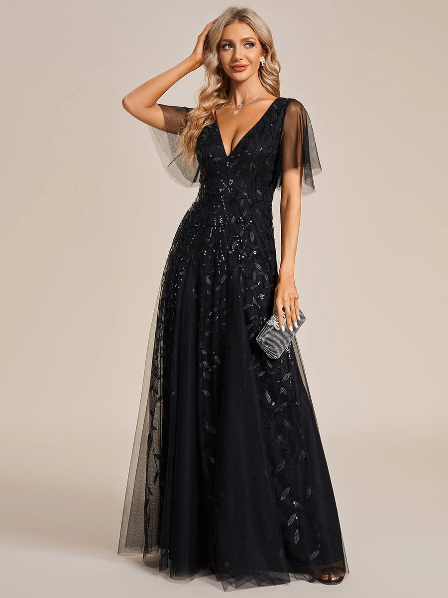Image of Shimmery V Neck Ruffle Sleeves Sequin Maxi Long Evening Dress