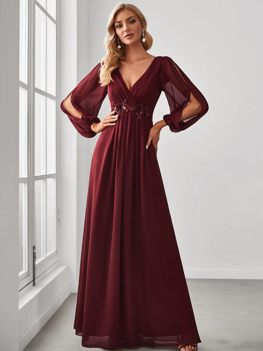 Image of Iris | Elegant Chiffon V-Neckline Long Sleeve Formal Evening Dress