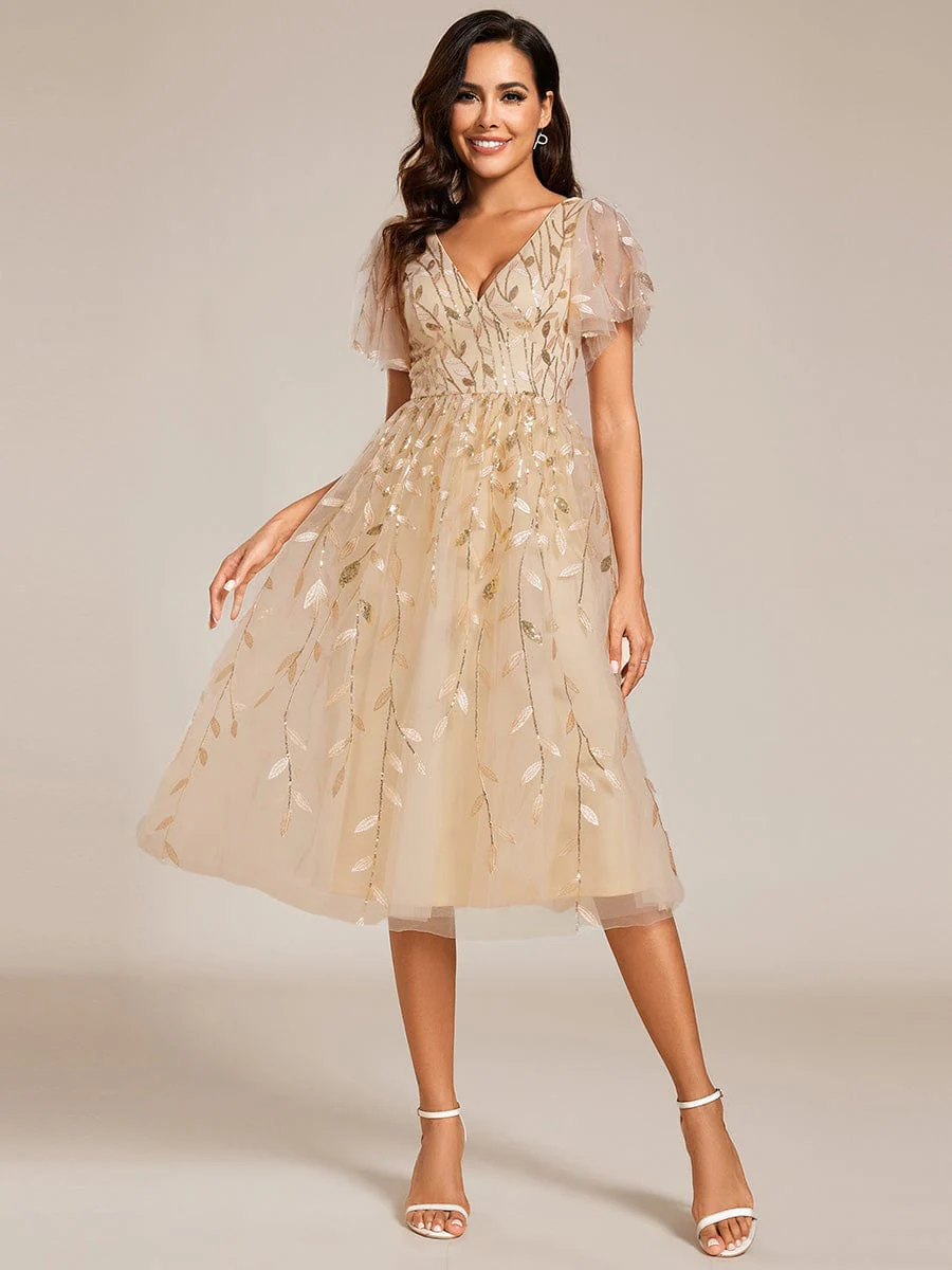 Image of Gentle Coco | Short Sleeves Leaf Sequin A-Line Midi Formal Wedding Guest Dress