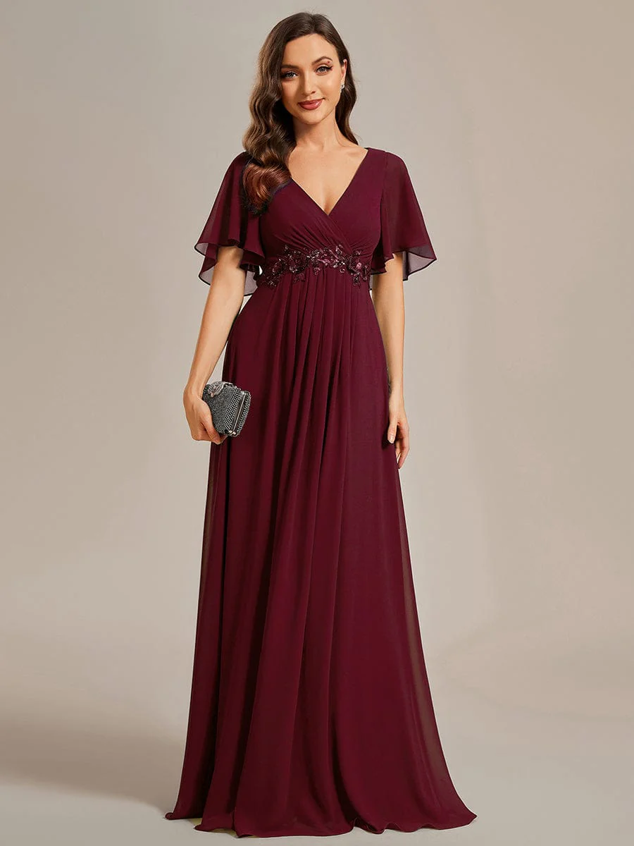 Image of Gentle Iris | Ruffles Sleeve A-Line Chiffon Waist Applique Maxi Formal Evening Dress