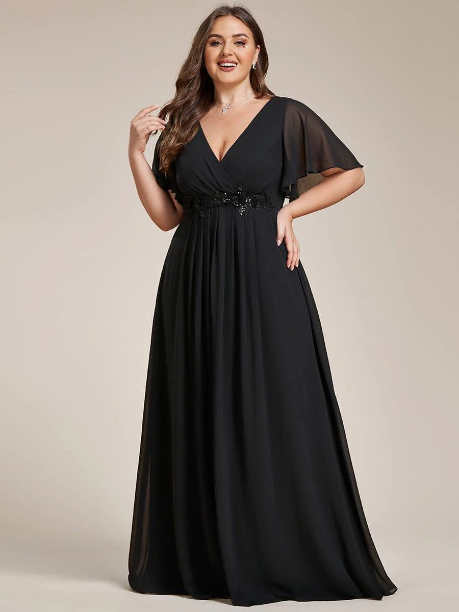 Image of pretty IVYROSE|Plus Size Floral Applique Short Sleeve A-Line Chiffon Formal Evening Dress
