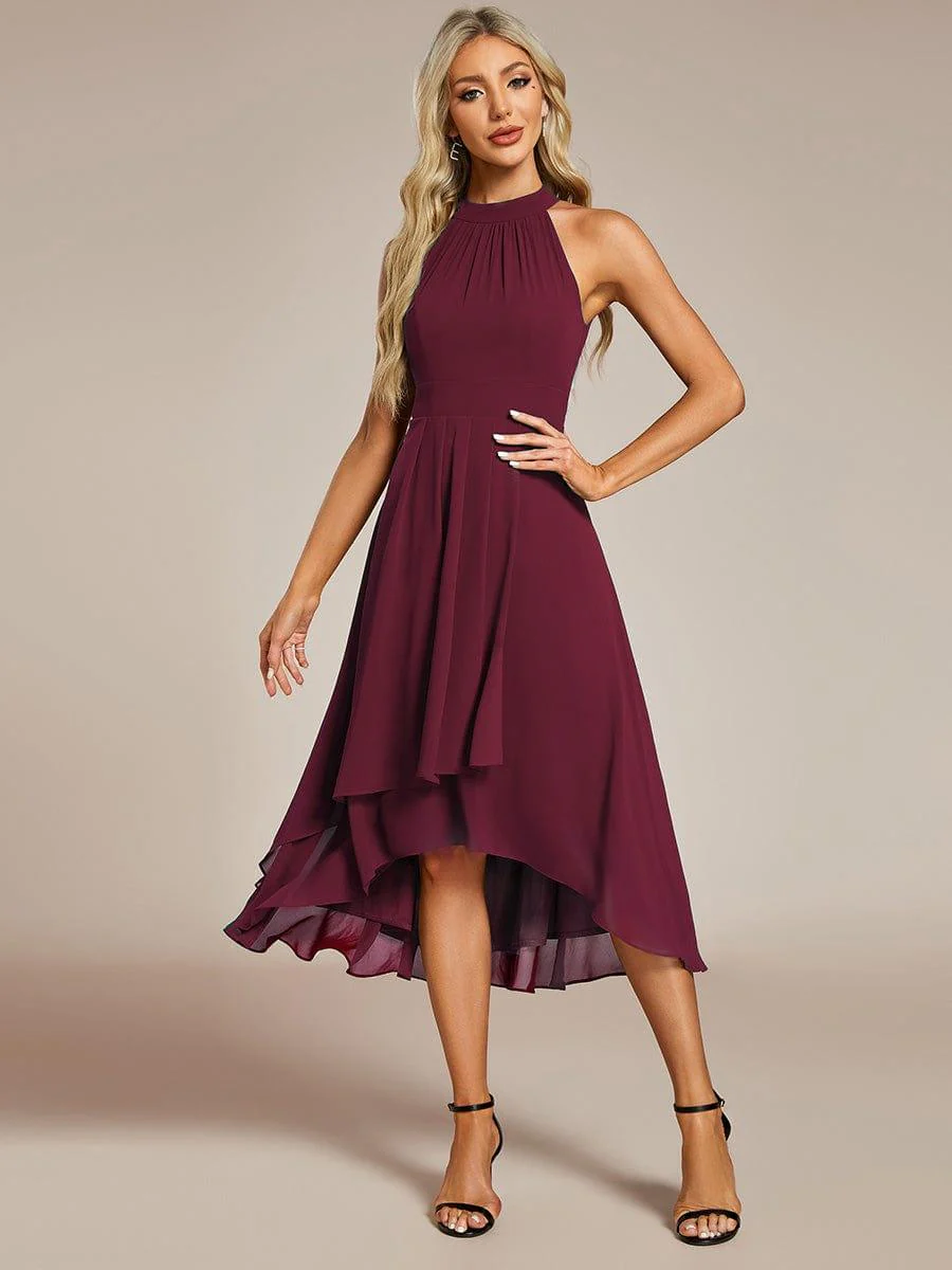 Image of ever POSIE|Midi Halter Neck Chiffon Wedding Guest Dress with Sleeveless and A-Line