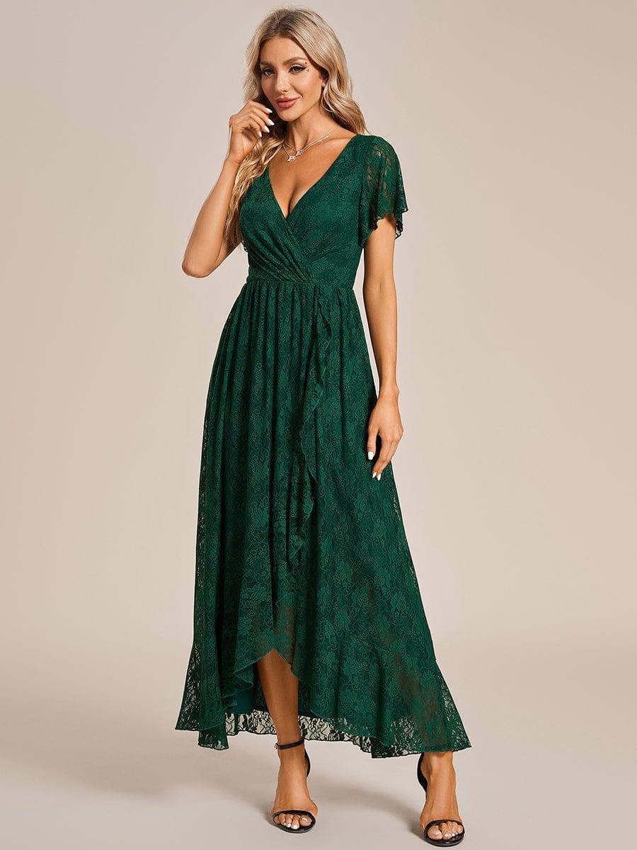 Image of ever ELISE|Pleated V-Neck Short Sleeve Ruffled Lace Wedding Guest Dress