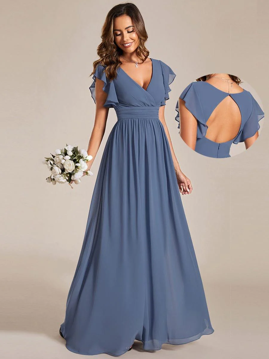 Image of Back Cutout A-Line Pleated Ruffles Sleeve Chiffon Bridesmaid Dress