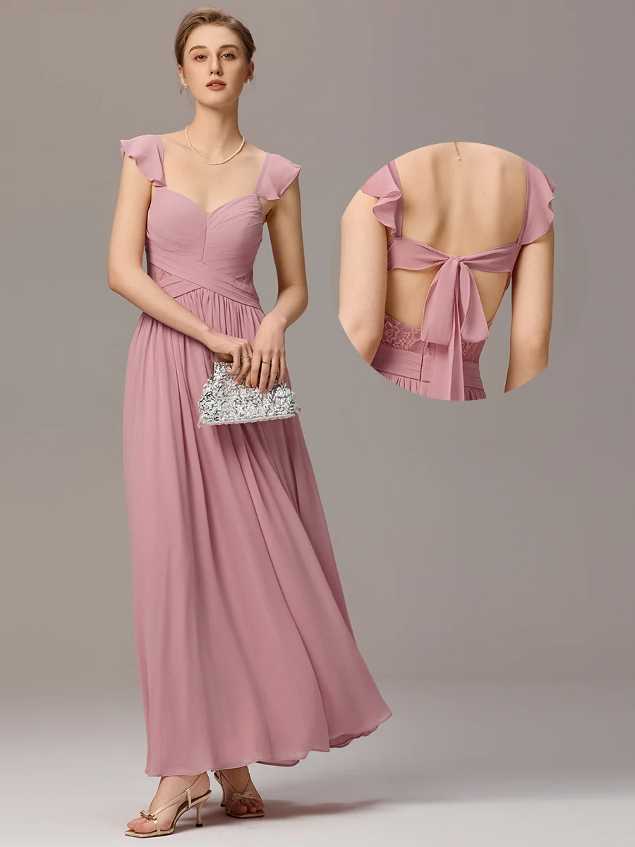 Image of Back-Tie Pleated Ruffles Sleeves Maxi Bridesmaid Dress