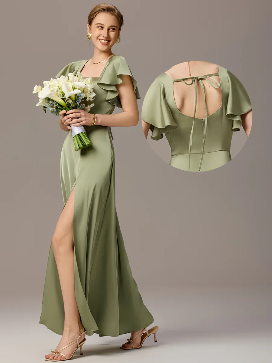 Image of Satin Square Neck Short Sleeve Ruffled Maxi Bridesmaid Dress with Pockets