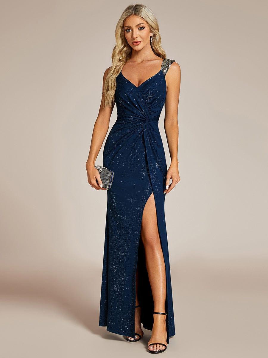 Image of Glitter V-Neck High Slit Sequin Shoulder Strap Evening Dress