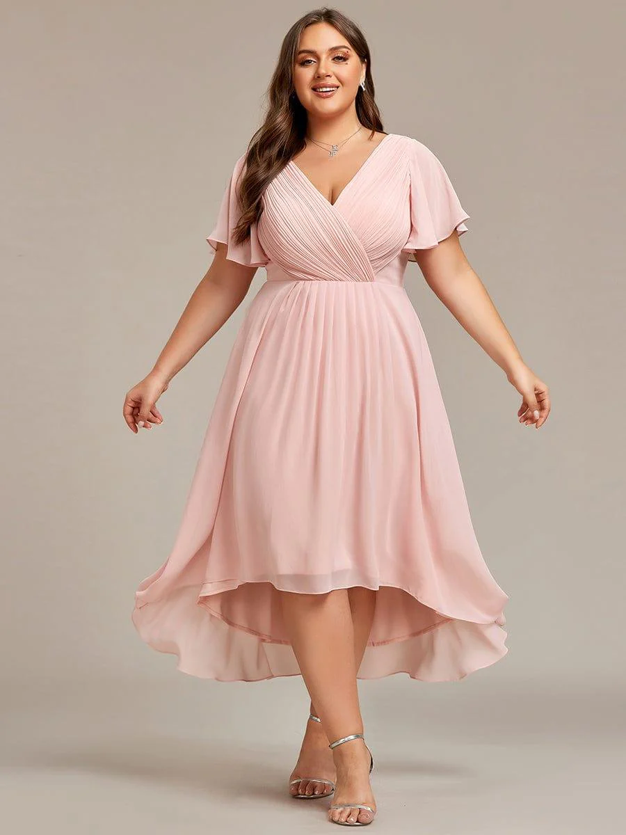 Image of Plus Size Double V-Neck Ruffles Sleeve Chiffon Midi Wedding Guest Dress