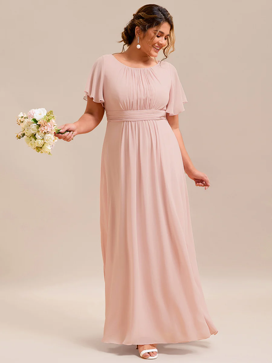 Image of pretty KIMORA|Plus Size Simple Chiffon Pleated A-Line Round Neckline Bridesmaid Dress