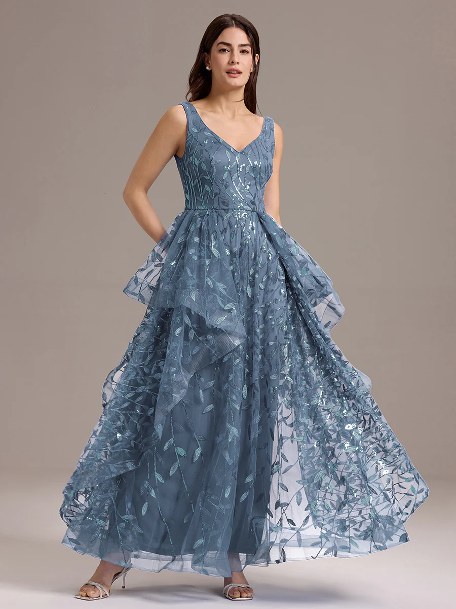 Image of Double V-Neck A-Line Layered Sequin Formal Dress