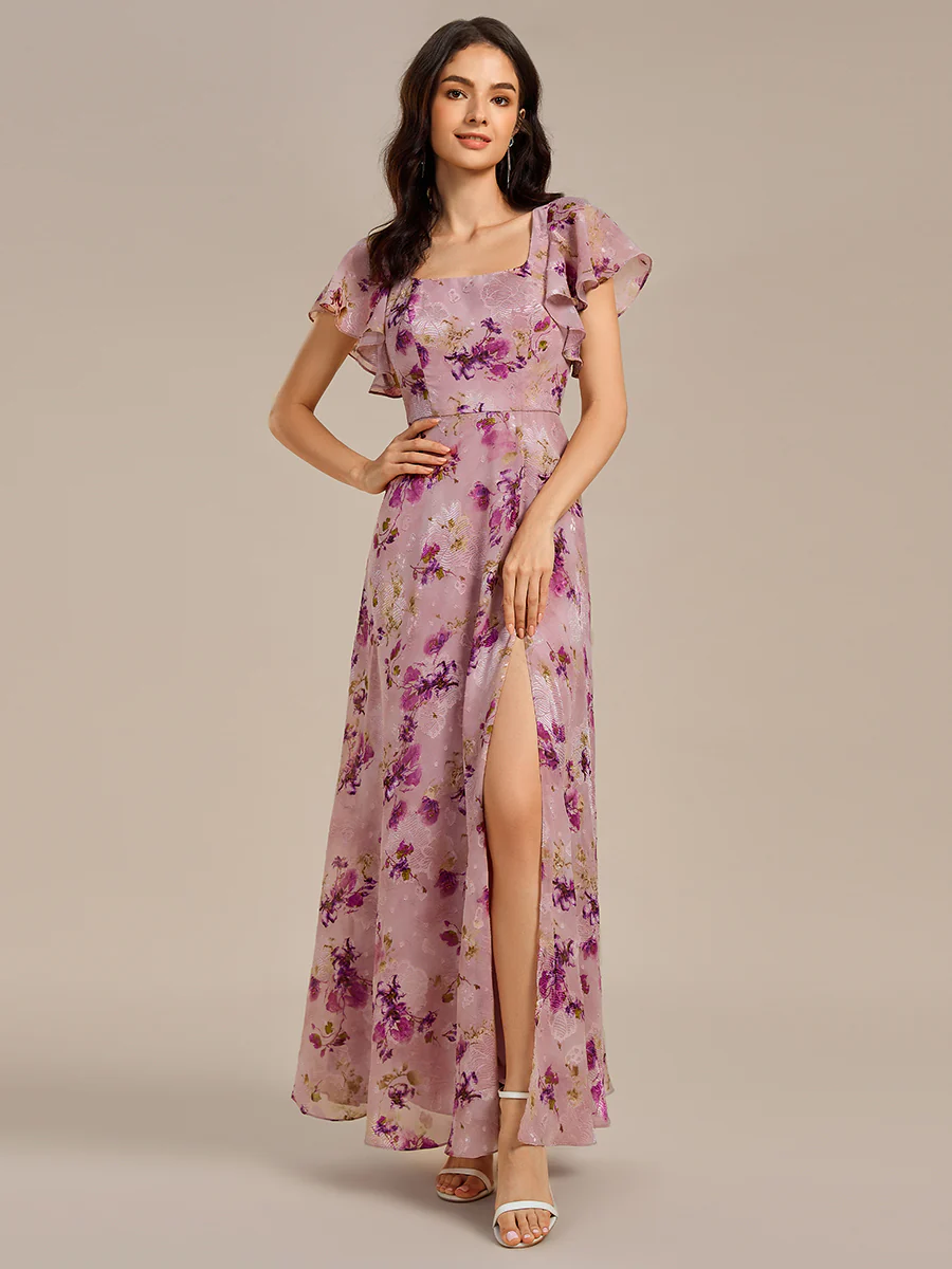 Image of Floral Print Flutter Sleeve Side Split Maxi Formal Dresses