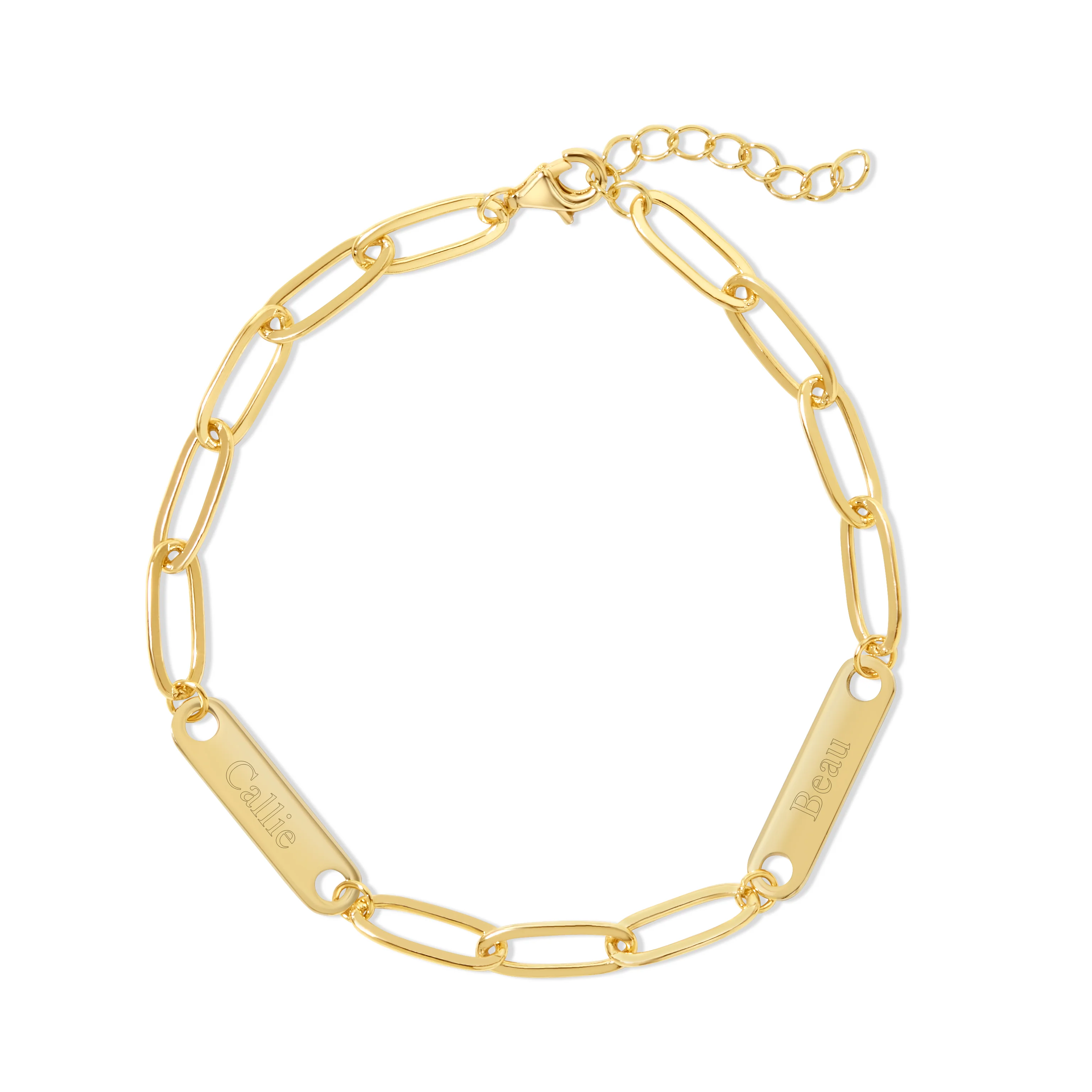 Image of Gold Plated Paperclip Chain Engravable Two Name Bar Bracelet