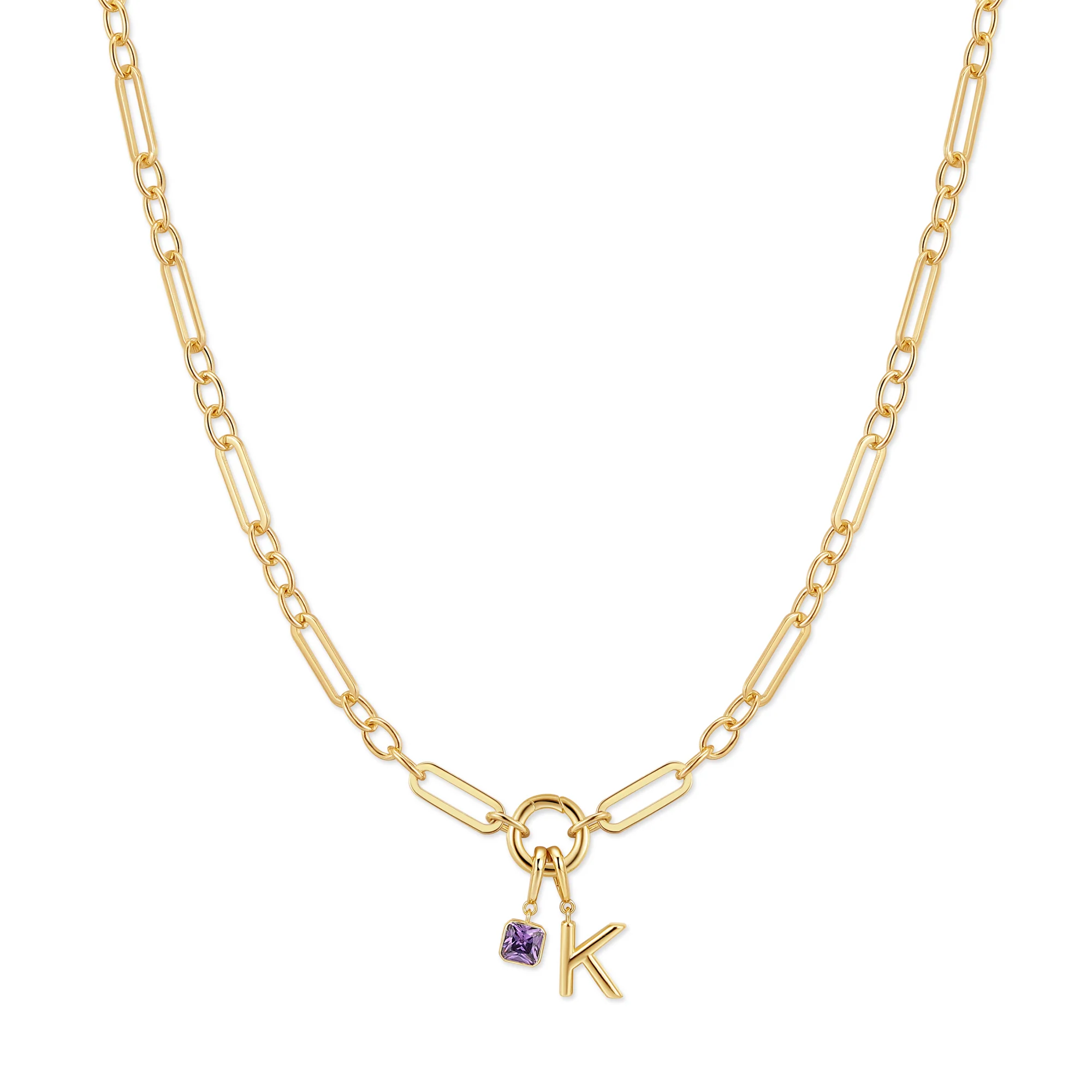 Image of Custom Birthstone and Initial Paperclip Charm Necklace